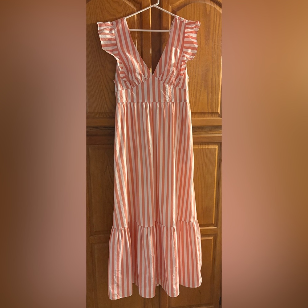 1901 Ruffled Cap Sleeves Open-back with Bow Pink & White Striped Maxi Dress